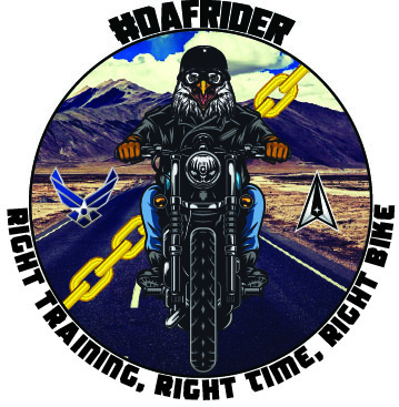 DAFRider Logo - Eagle on Motorcycle riding with mountains in background